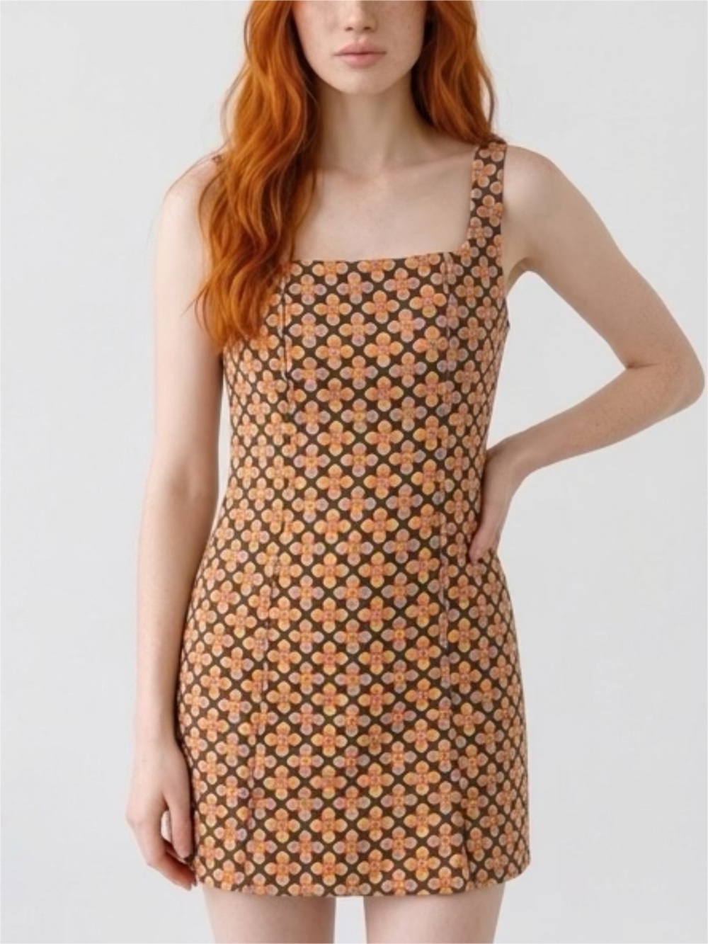 SHEIN Brown Mini Dress with Peach Floral Geometric Print